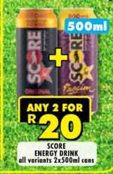 SCORE ENERGY DRINK all variants 2x500ml cans Any 2 