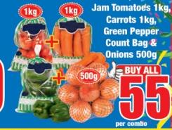Jam Tomatoes 1kg Carrots 1kg, Green Pepper Count Bag & Onions 500g