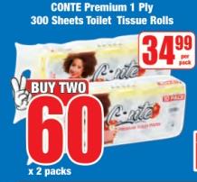 CONTE Premium 1 Ply 300 Sheets Toilet Tissue Rolls