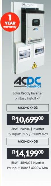 acdc Solar Ready Inverter on Easy Install Kit 3kW | 24VDC | Inverter PV input: 150V / 1500W Max