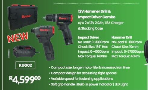 12V Hammer Drill & Impact Driver Combo c/w 2 x 12V 2.0Ah, 1.5A Charger & Stacking Case