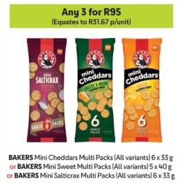 BAKERS Mini Cheddars Multi Packs (All variants) 6 x 33 g or BAKERS Mini Sweet Multi Packs (All variants) 5 x 40 g or BAKERS Mini Salticrax Multi Packs (All variants) 6 x 33 g any 3 