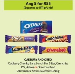 CADBURY AND OREO Cadbury Chunky Bars, Lunch Bar, 5Star, Crunchie, P.S., Astros or Oreo Enrobed (All variants) 32.9/36/37/39/40/48g Any 5