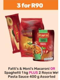 Fatti's & Moni's Macaroni or Spaghetti 1 kg PLUS 2 Royco Wet Pasta Sauce 400 g Assorted