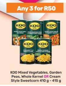 KOO Mixed Vegetables, Garden Peas, Whole Kernel OR Cream Style Sweetcorn 410g-415g Any 3