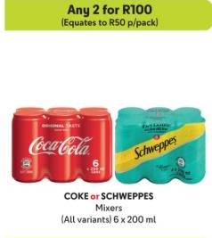 COKE or SCHWEPPES Mixers (All variants) 6 x 200 ml Any 2