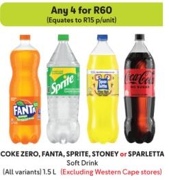 COKE ZERO, FANTA, SPRITE, STONEY or SPARLETTA Soft Drink any 4 