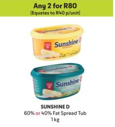 SUNSHINE D 60% or 40% Fat Spread Tub any 2 