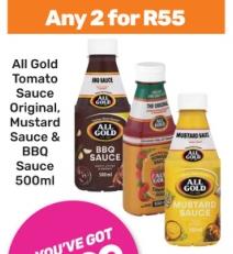 All Gold Tomato Sauce Original, Mustard Sauce & BBQ Sauce 500ml Any 2