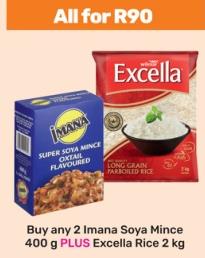 Imana Super Soya Mince Oxtail Flavoured 400 g and Excella Long Grain Parboiled Rice 2 kg