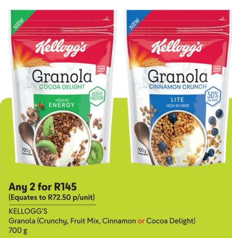 KELLOGG'S Granola (Crunchy, Fruit Mix, Cinnamon or Cocoa Delight) 700g Any 2