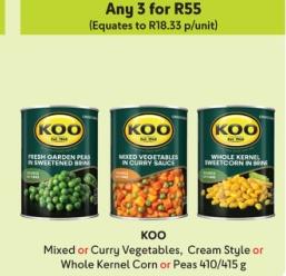 KOO Mixed or Curry Vegetables, Cream Style or Whole Kernel Corn or Peas any 3