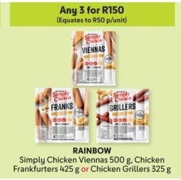 Any 3 Simply Chicken Viennas 500 g, Chicken Frankfurters 425 g or Chicken Grillers 325 g