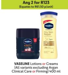 Any 2 VASELINE Lotions or Creams (All variants excluding Argan Clinical Care or Firming) 400 ml