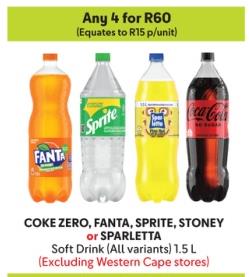 Any 4 Coke Zero, Fanta, Sprite, Stoney or Sparletta Soft Drink (All variants) 1.5 L