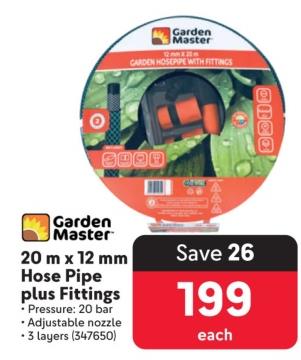 Garden Master 20 m x 12 mm Hose Pipe plus Fittings 