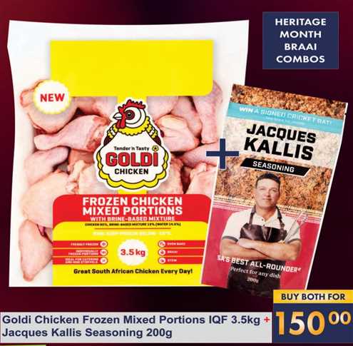 Goldi Chicken Frozen Mixed Portions IQF 3.5 kg +Jacques Kallis Seasoning 200 gm 