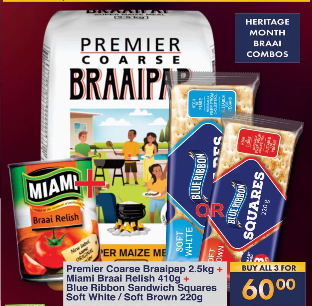 Premier Coarse Braaipap 2.5kg+ Miami Braal Relish 410g + Blue Ribbon Sandiwich Square Soft White /Soft Brown 220 gm  