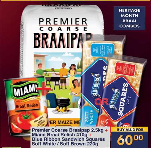 Premier Coarse Braaipap 2.5kg+ Miami Braal Relish 410g + Blue Ribbon Sandiwich Square Soft White /Soft Brown 220 gm  