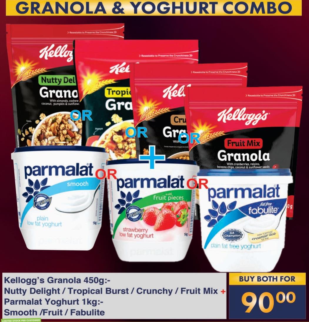 Kellogg’s Granola Nutty Delight  /Tropical Burst /Crunchy/ Fruit Mix + Parmalat Youhgurt smooth/Fruit /Fabulite 1 kg 