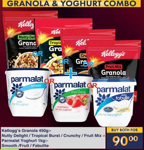 Kellogg’s Granola Nutty Delight  /Tropical Burst /Crunchy/ Fruit Mix + Parmalat Youhgurt smooth/Fruit /Fabulite 1 kg 