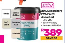 Simple Choice 20 L Decorators PVA Paint Assorted