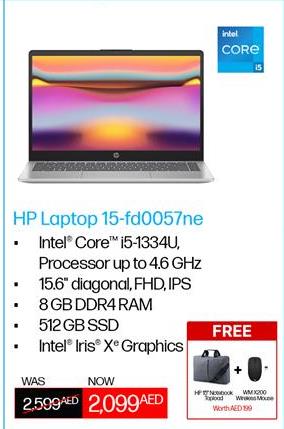 لابتوب HP 15-fd0057ne بمعالج Intel Core i5-1334U، معالج يصل إلى 4.6 جيجاهرتز، شاشة بحجم 15.6 بوصة، FHD، IPS، 8 جيجابايت ذاكرة DDR4، 512 جيجابايت SSD، رسومات Intel Iris Xe