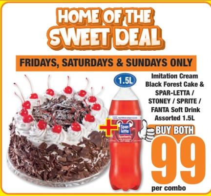 Imitation Cream Black Forest Cake & SPAR-LETTA / STONEY / SPRITE / FANTA Soft Drink Assorted