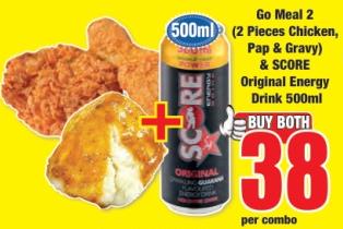 Go Meal 2 (2 Pieces Chicken, Pap & Gravy) & SCORE Original Energy Drink 500 Ml