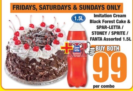 Imitation Cream Black Forest Cake & SPAR-LETTA / STONEY / SPRITE / FANTA Assorted 1.5 Ltr