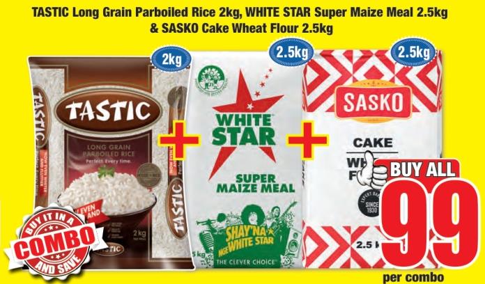 Tastic Long Grain Parboiled rice 2kg, White Star super maize meal 2.5kg & Sasko cake wheat flour 2.5kg