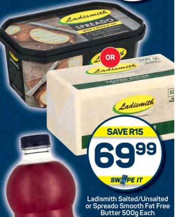 Ladismith Salted/Unsalted or Spreado Smooth Fat Free Butter 500g Each