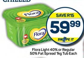 Flora Light 40% or Regular 50% Fat Spread 1kg Tub Each