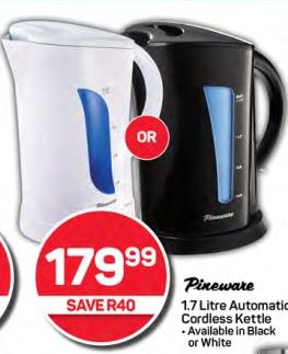 Pineware 1.7 Litre Automatic Cordless Kettle - Available in Black or White