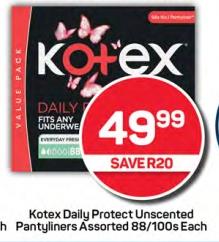 Kotex Daily Protect Unscented Pantyliners Assorted 88/100s Each