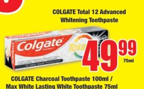 COLGATE Charcoal Toothpaste 100ml / Max White Lasting White Toothpaste 75ml