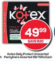 Kotex Daily Protect Unscented Pantyliners Assorted 88/100 Each