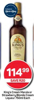 King's Cream Marula or Strawberry Blonde Cream Liqueur 750ml each