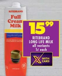 Ritebrand Long Life Milk Full Cream Milk 1ltr