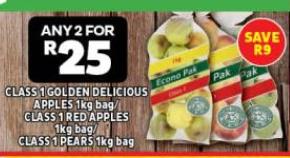 CLASS 1 GOLDEN DELICIOUS APPLES 1kg bag CLASS 1 RED APPLES 1kg bag CLASS 1 PEARS 1kg bag