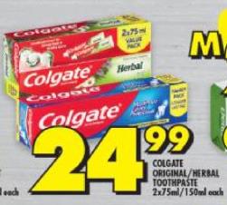 Colgate Original/Herbal Toothpaste 2x75/150ml each