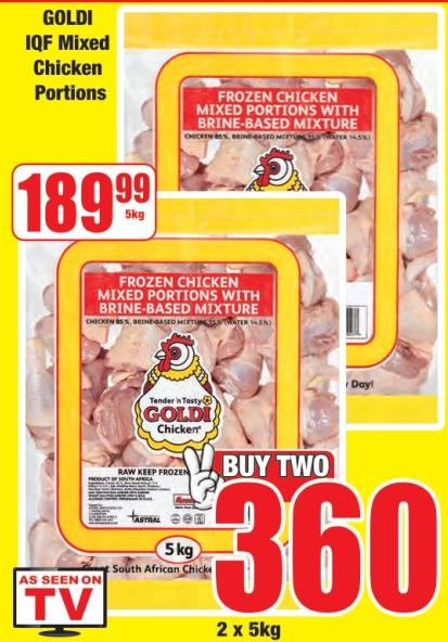 GOLDI IQF Mixed Portions Frozen Chicken with Brine-Based Mixture 2X5 KG