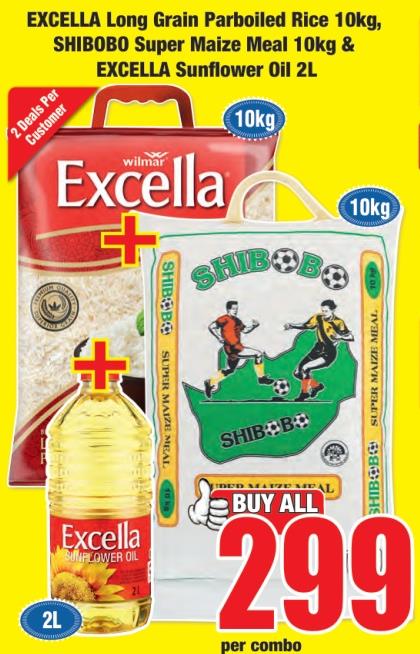 EXCELLA LONG GRIAN PARBOILED RICE 10 KG, SHIBOBO SUPER MAIZE MEAL 10 KG & EXCELLA SUNGFLOWER OIL 2 LTR