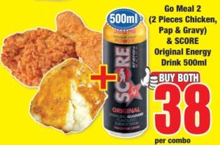 Go Meal 2 (2 Pieces Chicken, Pap & Gravy) & SCORE Original Energy Drink 500ml