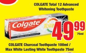 Colgate Charcoal Toothpaste  100 ML/ Max White Lasting White Toothpaste 75 ML 