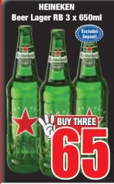 HEINEKEN Beer Lager RB 3 x 650ml