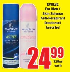 EVOLVE For Men / Skin Science Anti-Perspirant Deodorant Assorted 120ml 