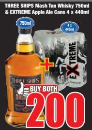 THREE SHIPS Mash Tun Whisky 750ml & EXTREME Apple Ale Cans 4 x 440ml