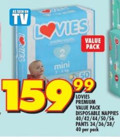 LOVIES PREMIUM VALUE PACK DISPOSABLE NAPPIES 40/42/44/50/56 PANTS 34/36/38/40 Per Pack