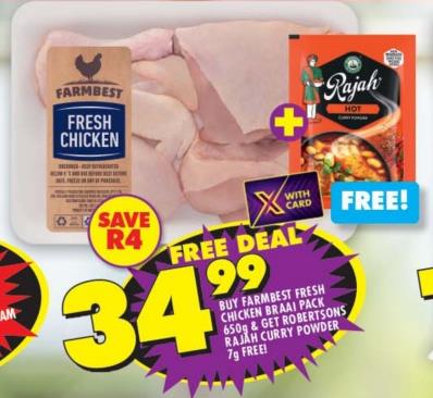 Farmbest Fresh Chicken Braai Pack 650g  & Get Robertsons Rajesh Curry Powder 7g Free